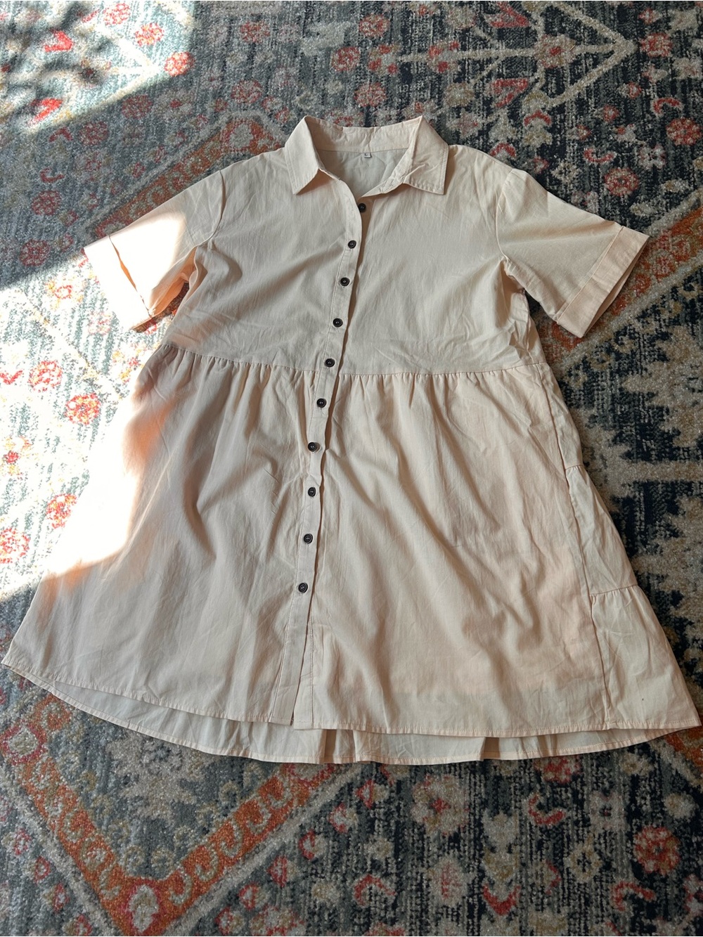 Cream Cotton Collared Babydoll Shirt dress w/ pockets | Cottagecore | Boho - Picture 3 of 5